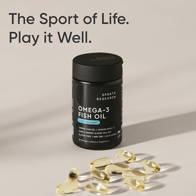 Sports Research Triple Strength Omega 3 Fish Oil Supplement - EPA & DHA Fatty Acids from Wild Alaskan Pollock - Heart, Brain & Immune Support for Adults, Men & Women - 1250 mg Capsules (30 ct)