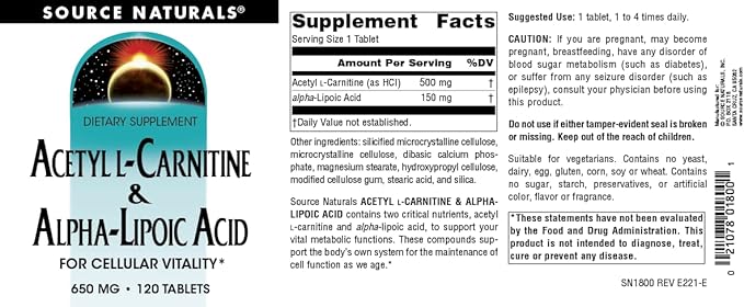 Source Naturals Acetyl L-Carnitine & Alpha-Lipoic Acid 650mg - 120 Tablets
