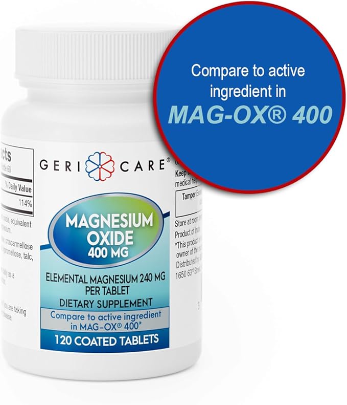 GeriCare Magnesium Oxide Supplement 240 mg - Elemental Magnesium, 120 Coated Tablets – Essential Mineral Support - Promotes Vascular Health, Bone Strength, and Muscle Function (Pack of 1)