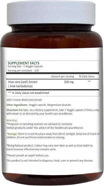 HERBAL HILLS Aloe Vera Capsules (Aloe barbadensis) | 120 Capsules (500 mg) | Pure Aloe Freeze Dried Powder Supplement, High Concentration, Supports Overall Well-Being