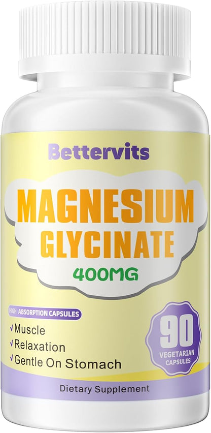 Magnesium Glycinate Capsules 400 MG per Serving 100% Chelated for High Absorption, Gentle On Stomach, Non-GMO, 90 Vegetarian Capsules