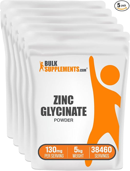BulkSupplements.com Zinc Glycinate Powder - Zinc Supplements, Zinc 40mg, Zinc Powder - Zinc Mineral Supplement, for Immune Support - Gluten Free, 130mg per Serving, 5kg (11 lbs)