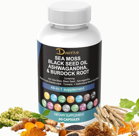 Sea Moss 3000mg Black Seed Oil 2000mg Ashwagandha 1000mg Turmeric 1000mg Bladderwrack 1000mg Burdock 1000mg & Vitamin C & D3 with Elderberry Manuka Dandelion Yellow Dock Iodine Chlorophyll ACV