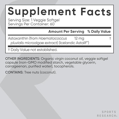 Sports Research Vegan Icelandic Astaxanthin 12mg with Organic Coconut Oil | Vegan Certified & Non-GMO Project Verified Dietary Supplement - 60 Veggie Softgels (2 Month Supply)