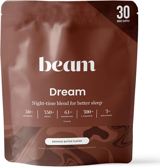 Beam Dream Sleep Powder, Natural Sleep Aid and Magnesium Hot Cocoa Drink for Adults, Calming Sleep Supplement with Apigenin, Nighttime Sleep Drink Powder, Third Party Tested Supplement, 30 Servings