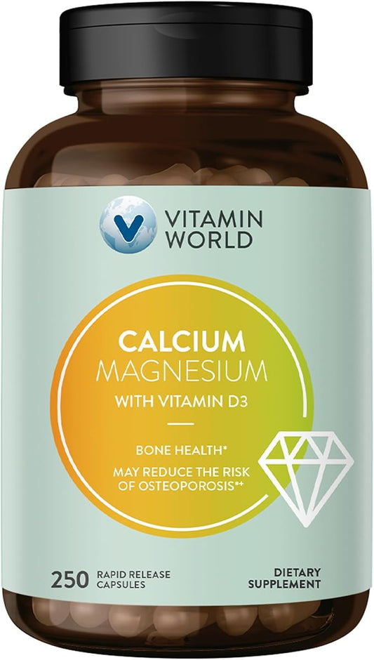 Vitamin World Calcium Magnesium with Vitamin D3, Bone Health, Muscle & Nerve Function Support, with Calcium 1000mg, Magnesium 500mg, Rapid-Release, Gluten & Dairy Free, 250 Capsules