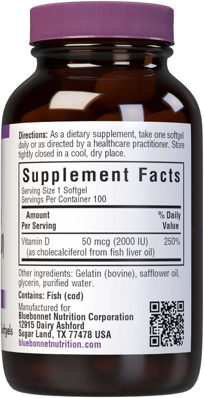 Bluebonnet Vitamin D3 2000 IU Vegetable Capsules, 100 Count (Pack of 1)