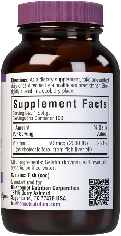Bluebonnet Vitamin D3 2000 IU Vegetable Capsules, 100 Count (Pack of 1)