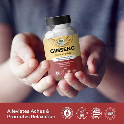 Panax Ginseng Extract Tablets - 200mg Highly Potent 80% Ginsenosides for Energy & Relaxation - Natural Herbal Supplement for Cognitive Booster - 30 Tablets