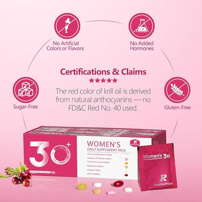 Multivitamin for Women with Vitamin A,B,C,D3,E,K2,Biotin, Collagen,Krill Oil,Cranberries Supports Energy,Wellness,Beauty and Immune - Vitamin Packs for Women Health 30 Packs