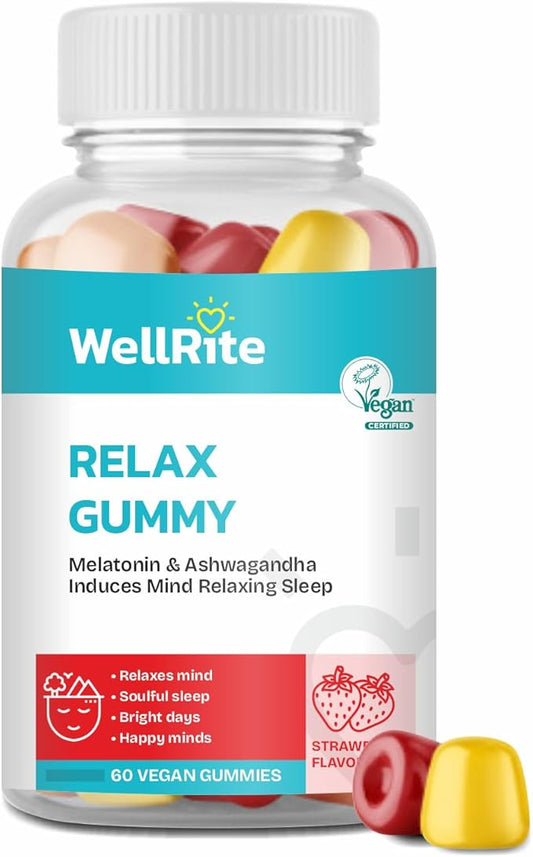 Relax Gummy Vitamins with Ashwagandha & Melatonin, 60 Count, Strawberry Flavored, Vegan, Gelatin Free, Gluten Free, Nut Free, Relaxes Mind, Soulful Sleep