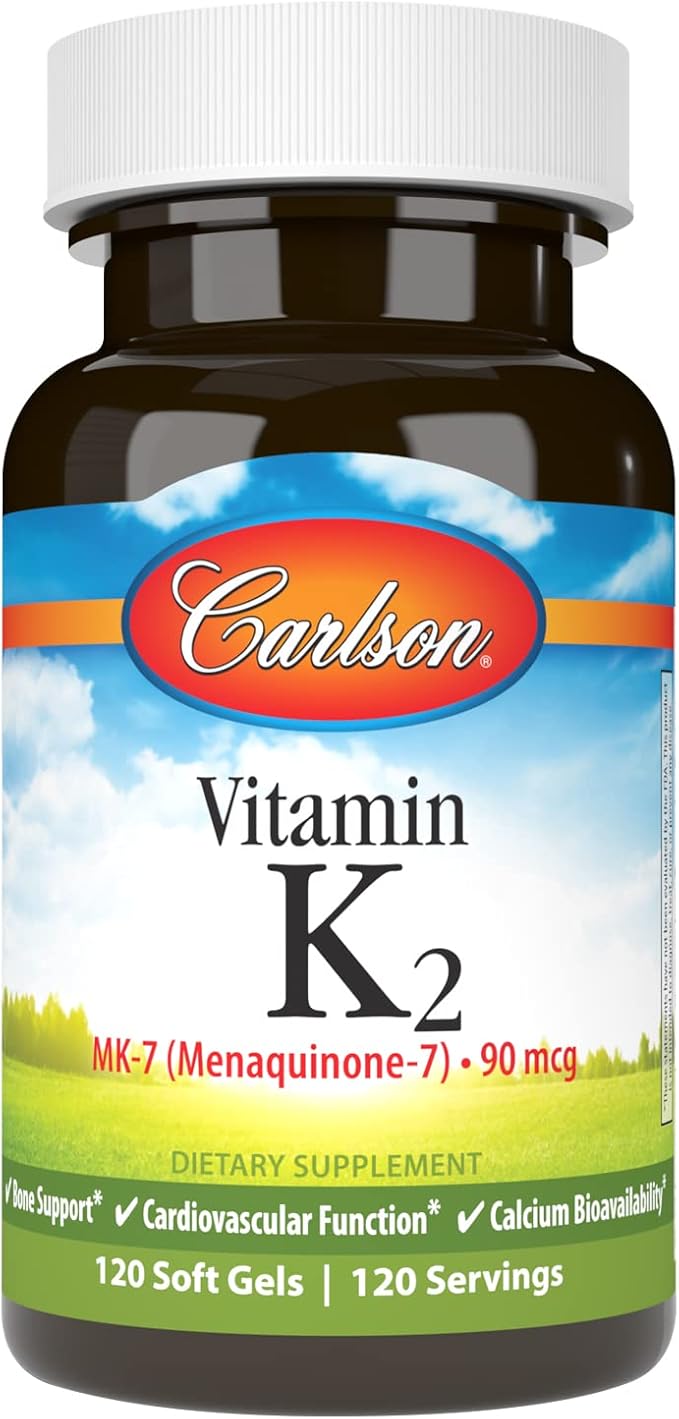 Carlson - Vitamin K2 MK-7 (Menaquinone), 90 mcg, Bone Support, Calcium Bioavailability, K2 Vitamin, Vitamin K-2, 120 Softgels