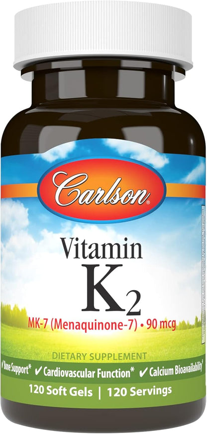 Carlson - Vitamin K2 MK-7 (Menaquinone), 90 mcg, Bone Support, Calcium Bioavailability, K2 Vitamin, Vitamin K-2, 120 Softgels