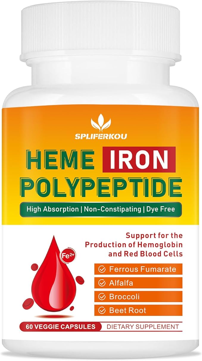 Heme Iron Supplement for Women and Men - Easy to Absorb -Gut Friendly, Iron Supplement with Folate, Vitamin C and Vitamin A - Vegan - 60 Caps