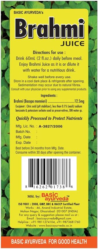 BASIC AYURVEDA Brahmi Juice | First Press Virgin Herbal Juice | Bacopa Monnieri Extract | Natural Brain & Wellness Support | Non-GMO, Vegan, No Additives | 16.23 Fl Oz (480ml)