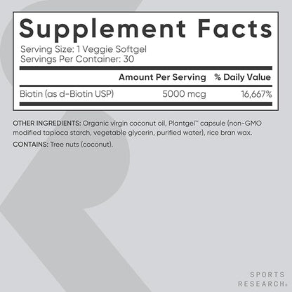 Sports Research Extra Strength Vegan Biotin (Vitamin B) Supplement with Organic Coconut Oil - Supports Keratin for Healthier Hair & Skin - Great for Women & Men - 5,000mcg, 30 Veggie Softgel Capsules