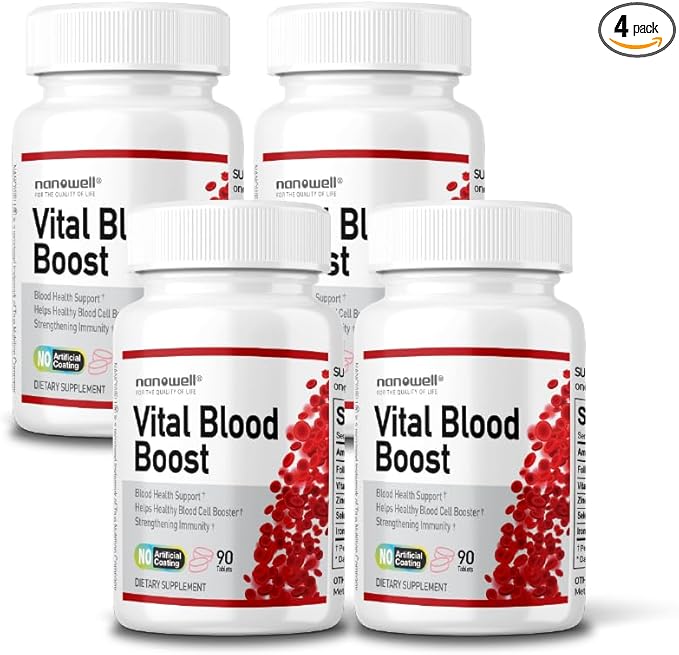 Vital Blood Boost - Dietary Supplement for White and Red Blood Cell Support - Iron with Selenium, Zinc, Vitamin B12 & Folic Acid - 90 Tablets x 4 Bottles, 360 Day Supply