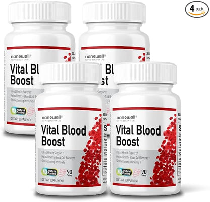 Vital Blood Boost - Dietary Supplement for White and Red Blood Cell Support - Iron with Selenium, Zinc, Vitamin B12 & Folic Acid - 90 Tablets x 4 Bottles, 360 Day Supply