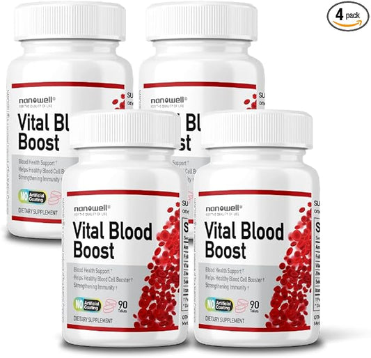 Vital Blood Boost - Dietary Supplement for White and Red Blood Cell Support - Iron with Selenium, Zinc, Vitamin B12 & Folic Acid - 90 Tablets x 4 Bottles, 360 Day Supply