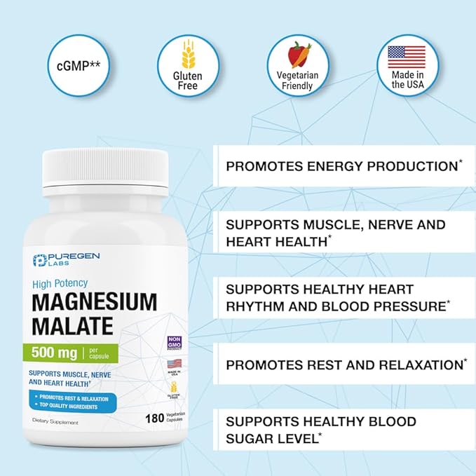 Puregen Labs Magnesium Malate 500mg | High Potency Elemental Magnesium | 180 Veggie Caps, Superior Absorption, Non-GMO, NO Gluten and Dairy, Supports Muscle, Joint, and Heart Health