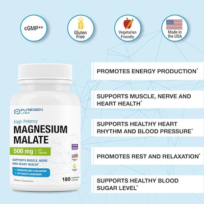 Puregen Labs Magnesium Malate 500mg | High Potency Elemental Magnesium | 180 Veggie Caps, Superior Absorption, Non-GMO, NO Gluten and Dairy, Supports Muscle, Joint, and Heart Health