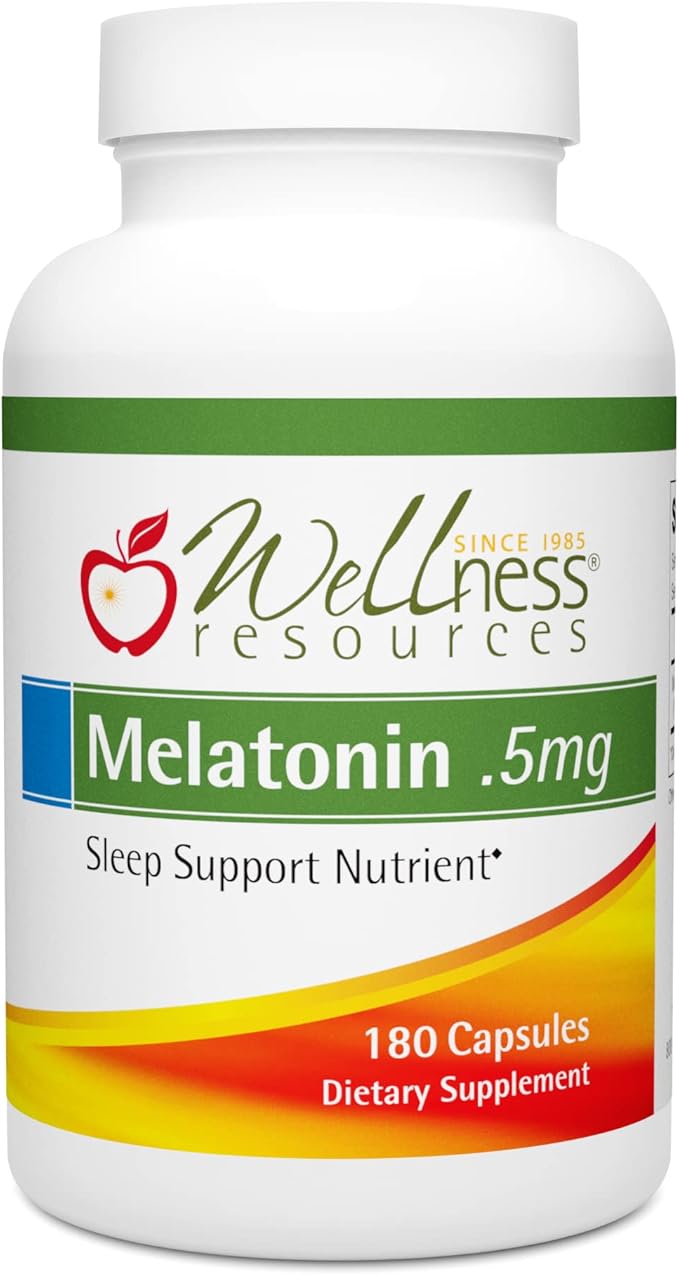 Wellness Resources 0.5mg Melatonin Capsules - Natural Sleep Support Supplement - Gluten Free Sleep Aid, Preservative Free, Third-Party Tested, No Added Sugars Dye Free, 180 Capsules