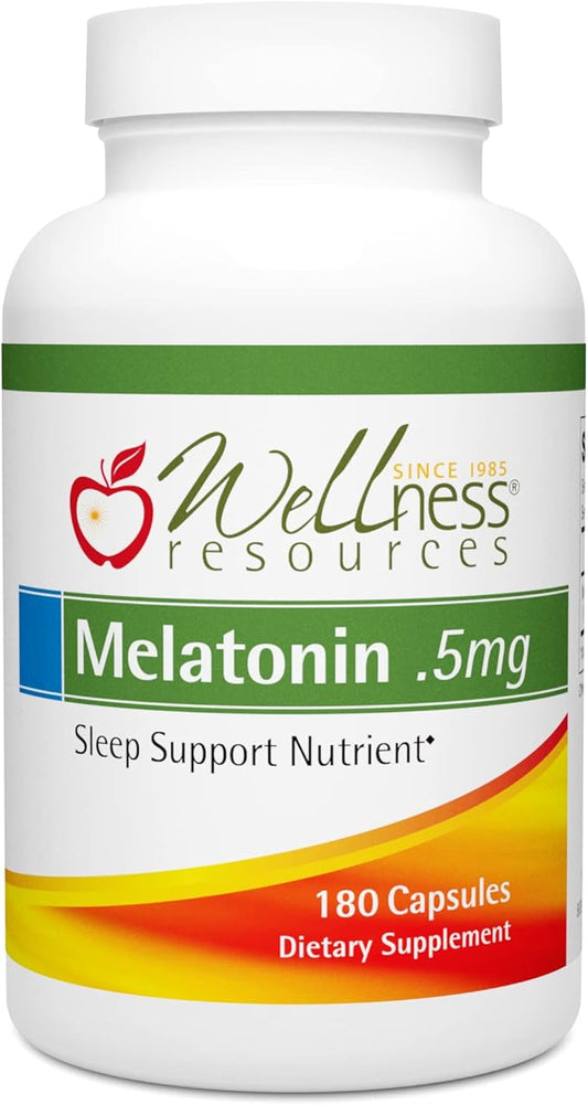 Wellness Resources 0.5mg Melatonin Capsules - Natural Sleep Support Supplement - Gluten Free Sleep Aid, Preservative Free, Third-Party Tested, No Added Sugars Dye Free, 180 Capsules