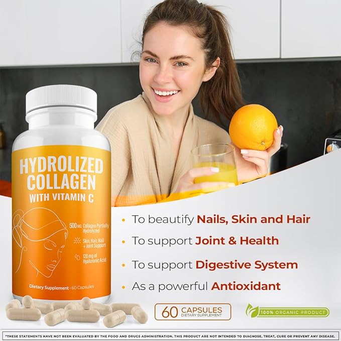 Aura Vitamin Hydrolyzed Collagen with Vitamin C Capsules 500mg Great Energy | Skin, Hair and Nail Support | Hyaluronic Acid Pills - 60ct (2)