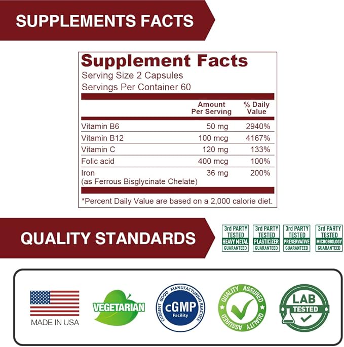 Lovita Iron 18 mg, 6 in 1 Iron Supplement for Women, Iron with Vitamin C, Dong Quai & B12, Vegan Iron Vitamin to Support Red Blood Cell Production Without Constipation, 120 Capsules