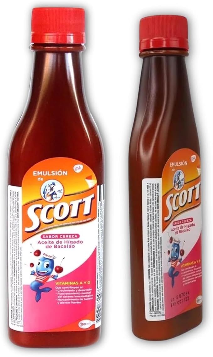 Yahve - Emulsion de Scott Aceite de hígado de bacalao sabor Cereza - Pack de 2 de 6.1 fl oz - 180 ml - Suplemento dietético para niños con vitamina A y Calcio.