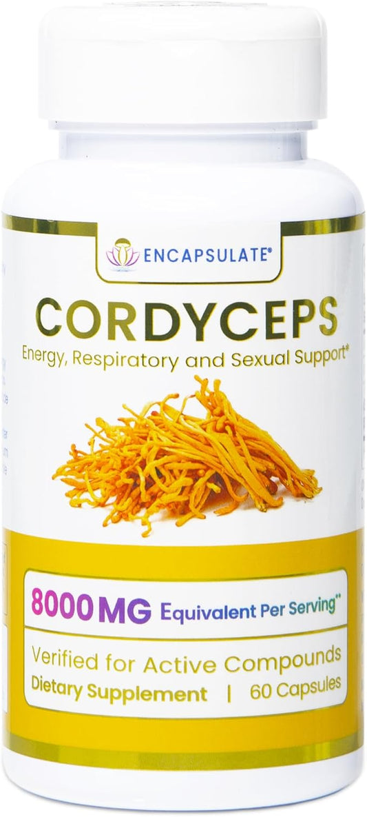ENCAPSULATE Cordyceps Capsules 8:1 Extract – Premium Organic Fruiting Body 8:1 Mushroom Extract – Adaptogen Mushroom Supplement for Performance, Energy, Stamina & Immune Support – 60 Vegan Capsules