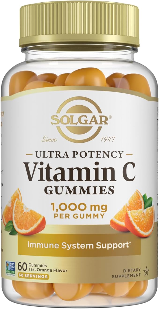 Solgar Vitamin C Gummies for Adults 1,000mg Ultra Potency Vitamin C Immune System Support for Women & Men - Tasty Tart Orange Flavor, Vegan & Gluten-Free Gummy, 2 Month Supply, 60 Servings, 2g Sugar