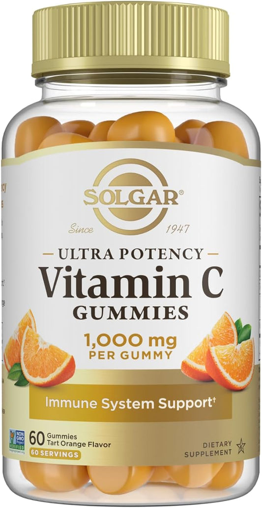 Solgar Vitamin C Gummies for Adults 1,000mg Ultra Potency Vitamin C Immune System Support for Women & Men - Tasty Tart Orange Flavor, Vegan & Gluten-Free Gummy, 2 Month Supply, 60 Servings, 2g Sugar