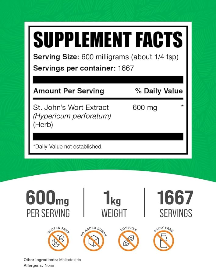 BulkSupplements.com St. John's Wort Extract - St. Johns Wort Supplement, Herbal Supplement for Mood - Vegan & Gluten Free, 600mg per Serving, 1kg (2.2 lbs) (Pack of 1)