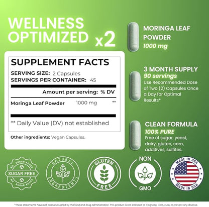 Moringa Leaf Supplement – 180 Pure Moringa Powder Capsules Packed with Nutrients for Immune Support, and Daily Health (2 Bottles of 90)