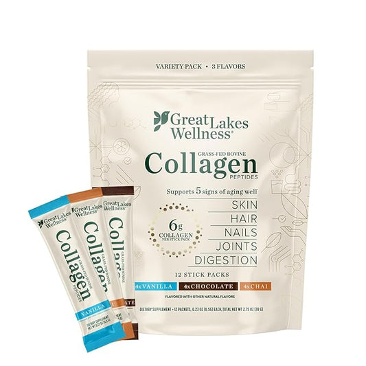 Great Lakes Wellness Collagen Peptides Powder for Skin, Hair, Nails, Joints & Digestion - Variety Flavors - Quick Dissolve Hydrolyzed, Non-GMO, Kosher - 20 Sticks