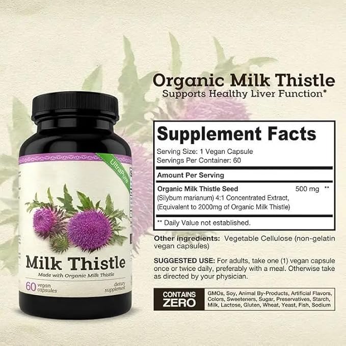 500 mg Milk Thistle Supplement for Liver Health Support-Detox & Cleanse Formula, 60 Capsules Natural Herbal Support for Digestive Wellness and Liver Care. (Packaging May Vary).