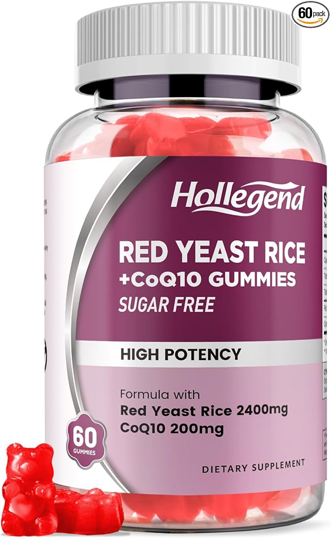 Red Yeast Rice with Coq10 Gummies Sugar Free, Organic Red Yeast Rice 2400mg for Cholesterol Lowering Supplements, Enhanced with Coenzyme Q10 200mg for Heart Health Support, 60 Counts