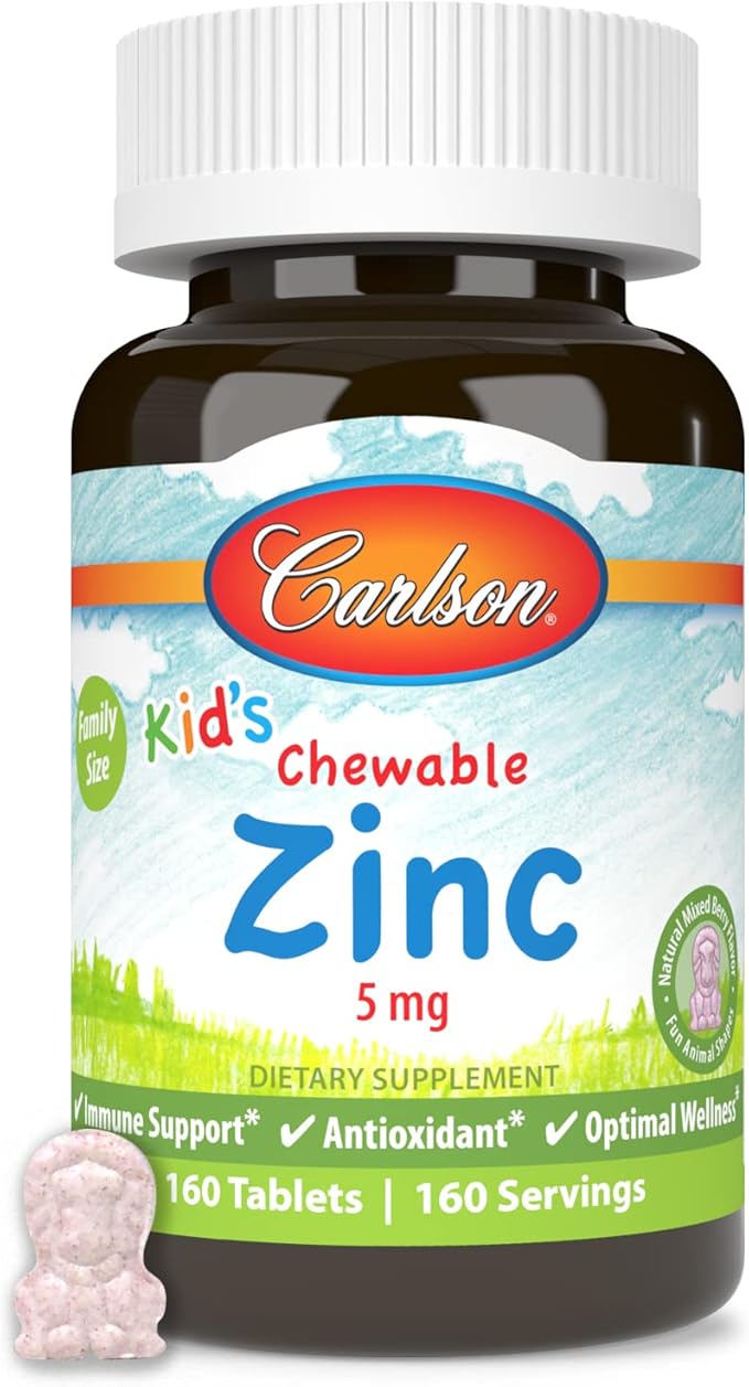Carlson - Kid's Chewable Zinc, 5 mg, Health Support, Natural Mixed Berry Flavor, 160 Tablets