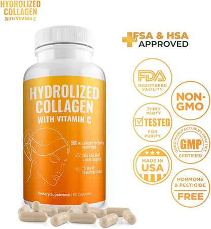 Aura Vitamin Hydrolyzed Collagen with Vitamin C Capsules 500mg Great Energy | Skin, Hair and Nail Support | Hyaluronic Acid Pills - 60ct (2)