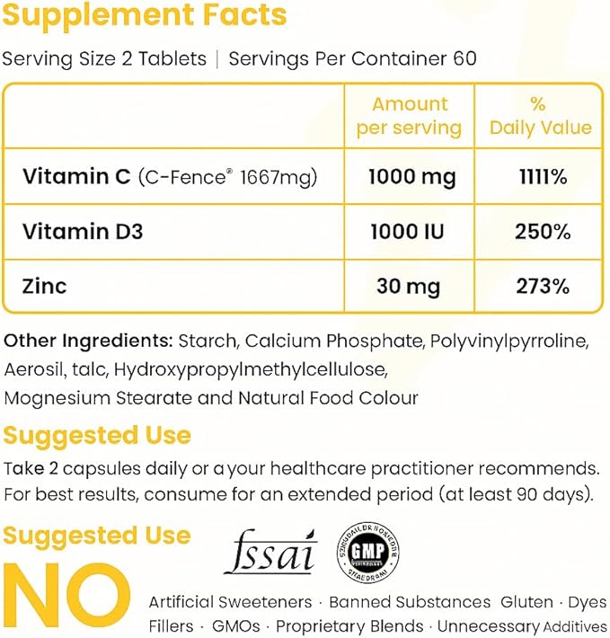 Super C – Time Release Vitamin C 1000mg, D3 1000iu, Zinc 30mg – 24-Hour Immune Support, Skin & Hair Health – Non-GMO – 120 Tablets