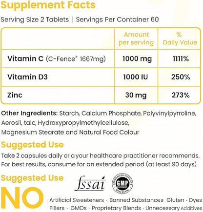 Super C – Time Release Vitamin C 1000mg, D3 1000iu, Zinc 30mg – 24-Hour Immune Support, Skin & Hair Health – Non-GMO – 120 Tablets