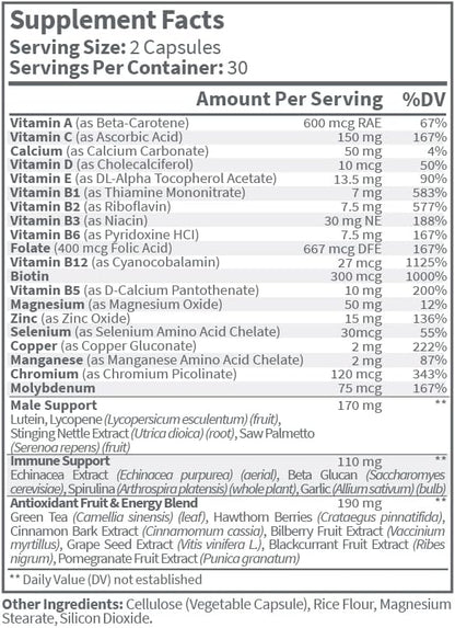 Men’s Multivitamin Capsules - Complete Vitamin & Mineral Supplement for Daily Men’s Health with Saw Palmetto, Lycopene, and Zinc - Prostate Health, Energy, and Sleep | 60 Capsules