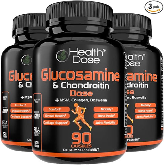 Glucosamine Plus Premium Joint Support - with MSM, Collagen & Boswellia - 90 Capsules - Antioxidant Properties for Cartilage Support, Joint Health & Mobility Pack of 3.