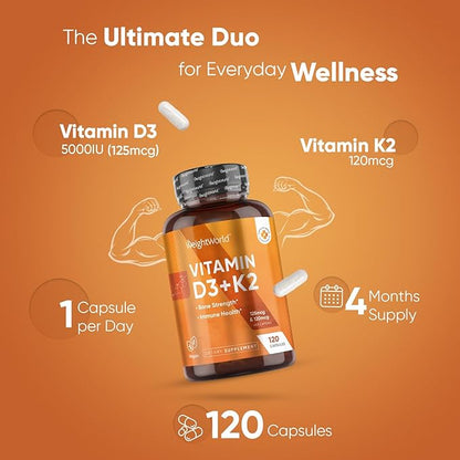 WeightWorld Vitamin D3 K2 - Vitamin D3 5000 IU (125mcg) & K2 MK7 (120mcg) - 120 Capsules (4 Months Supply) - Vegan Vitamin D Supplement for Bone Strength & Immune Health - Easy to Swallow