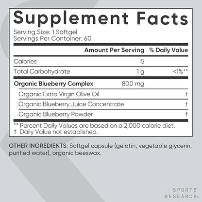 Sports Research Blueberry Capsules - Made from Organic Blueberries with Organic Extra Virgin Olive Oil - Non-GMO & Gluten Free - 60 Liquid Softgels