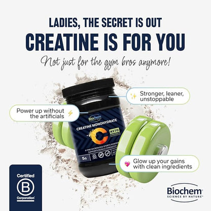 Biochem Micronized Creatine Monohydrate Powder – Muscle Strength & Endurance Support – Clean, Vegan Formula – Certified Gluten Free, K-Parve & Keto – 17.6 oz - 100 Servings