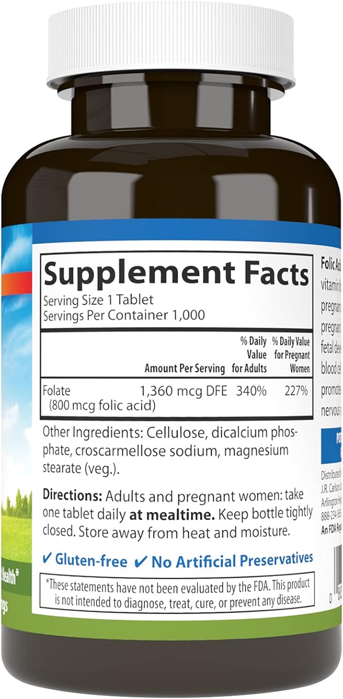 Carlson - Folic Acid, 800 mcg, Provides Important Prenatal Support, 1000 tablets