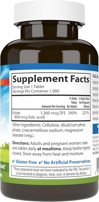 Carlson - Folic Acid, 800 mcg, Provides Important Prenatal Support, 1000 tablets