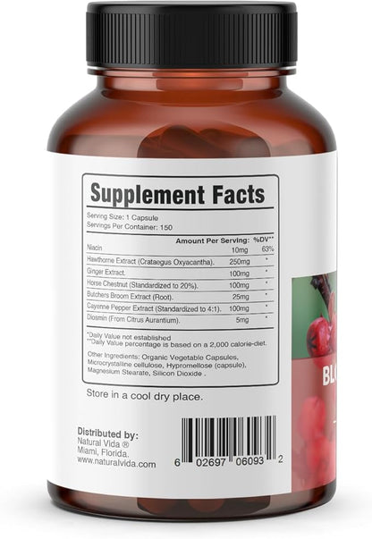 Blood Circulation 600mg Supplement - 300 Capsules - with Hawthorne, Ginger, Horse Chestnut, Butchers Broom, Cayenne, Diosmin